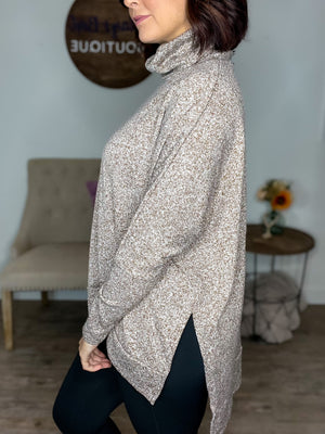 Brushed Cowl Neck Side Slit Top (Mocha)