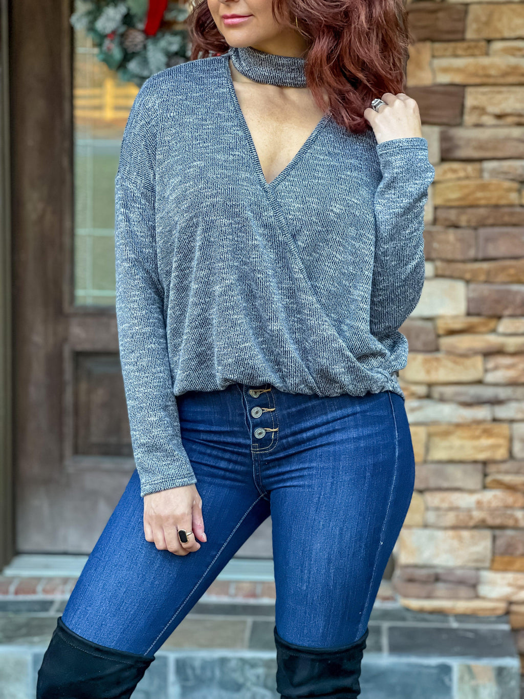 Wrapping It Up Long Sleeve Choker Top (Charcoal Black)