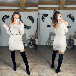 Made For Me Twist Back Sweater Dress (Taupe)