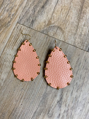 Gold Studded Light Pink Leather Earrings