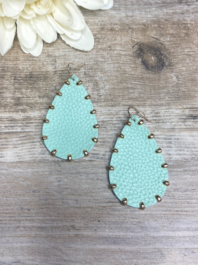 Gold Studded Light Mint Leather Earrings